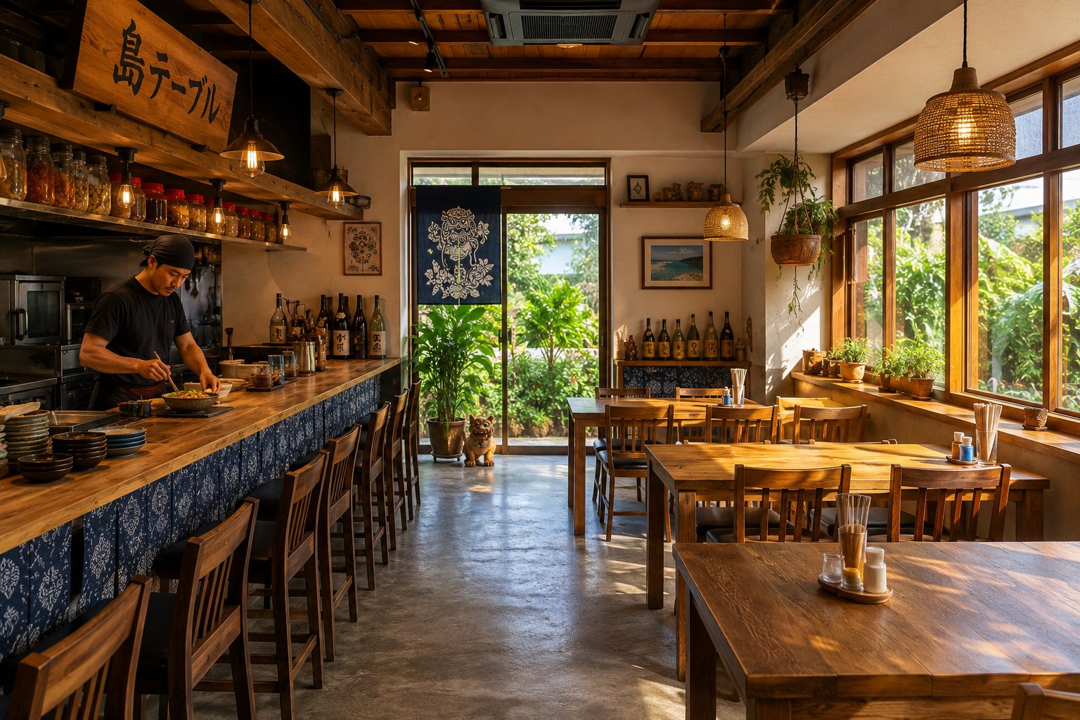 木のカウンターとテーブル席が並ぶ島テーブルの店内。奥の窓から緑が見える