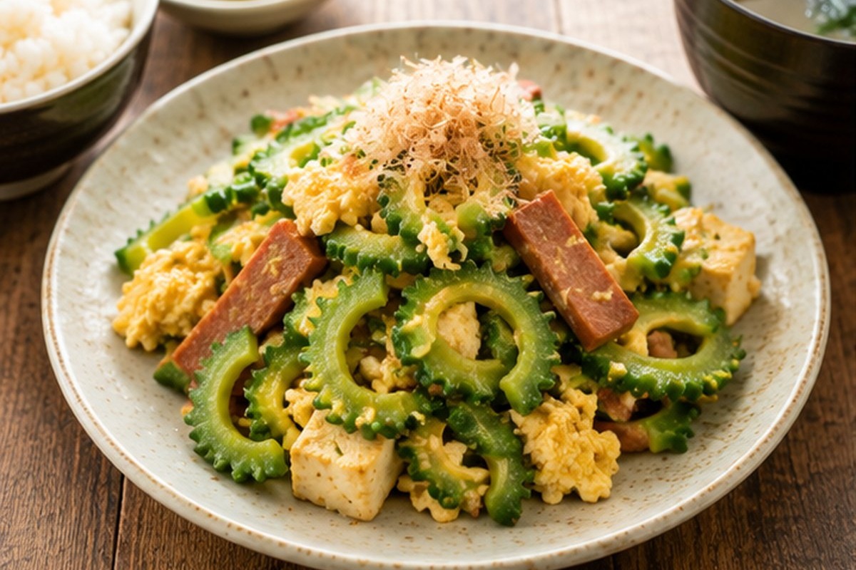 島豆腐と島豚を炒めたゴーヤーチャンプルー定食。ごはんと汁物、小鉢が並ぶ