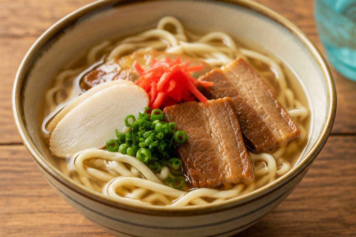 三枚肉とかまぼこ、紅生姜をのせた沖縄そば