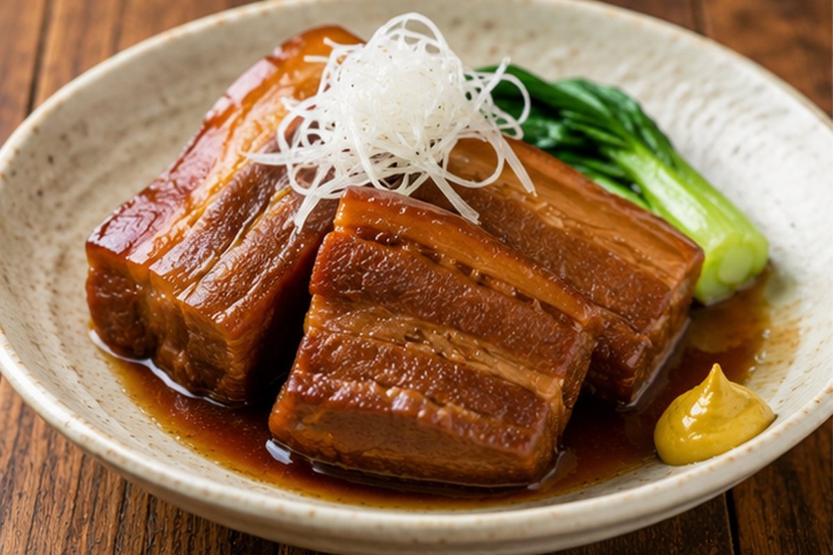 泡盛と黒糖で煮込んだラフテーに白髪ねぎを添えた一皿